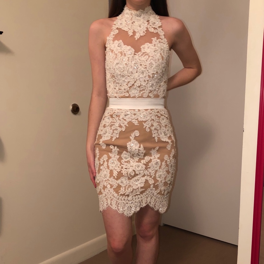 White and Nude Lace Sherri Hill Dress Wedding Reception Dance Formal  Prom 00